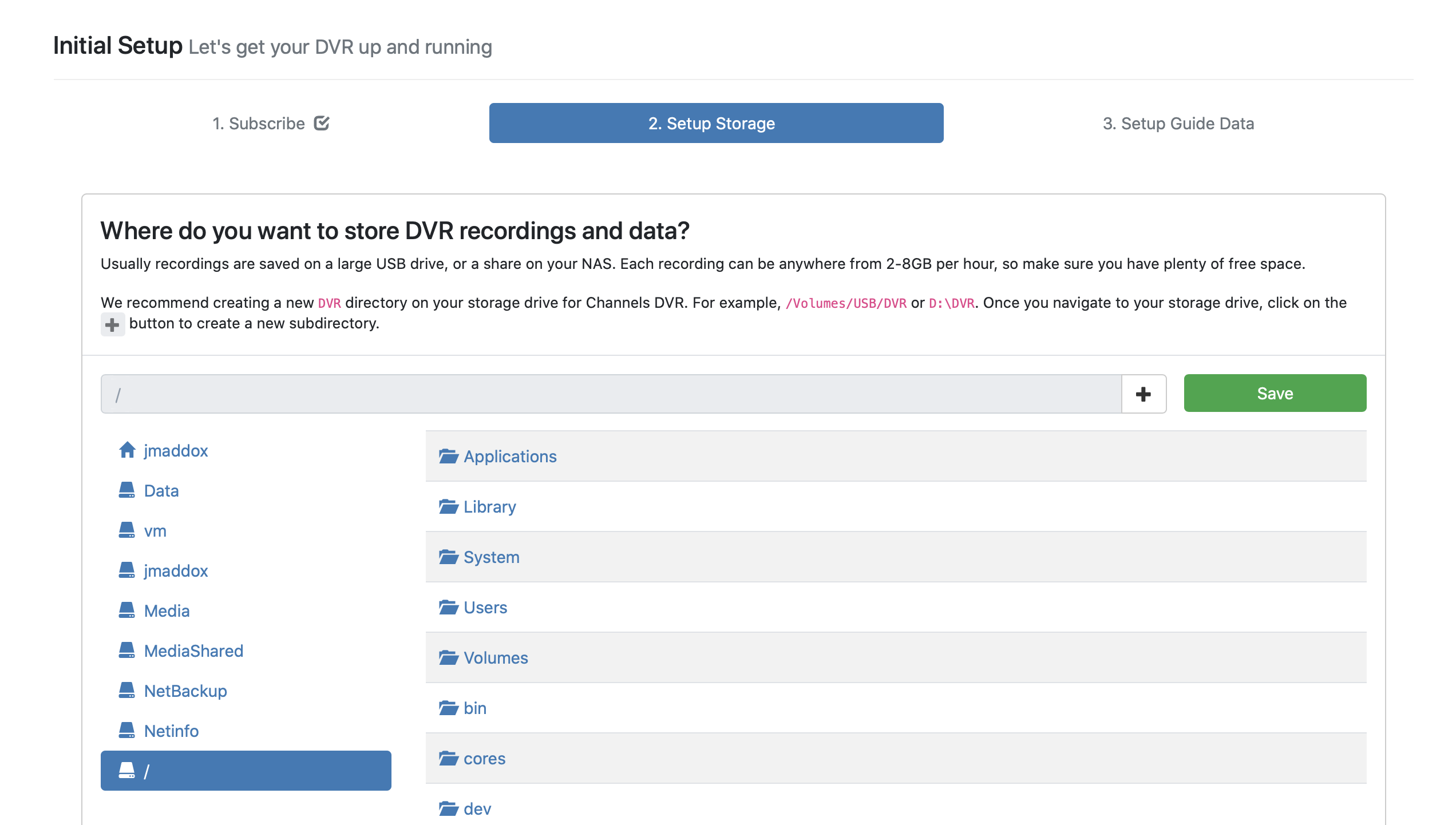 channels dvr server installation choose storage